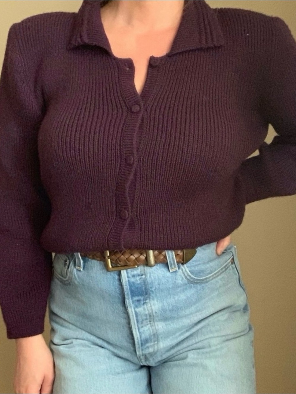 Vintage 80s Purple Button Down Sweater with Collar and Shoulder Pads